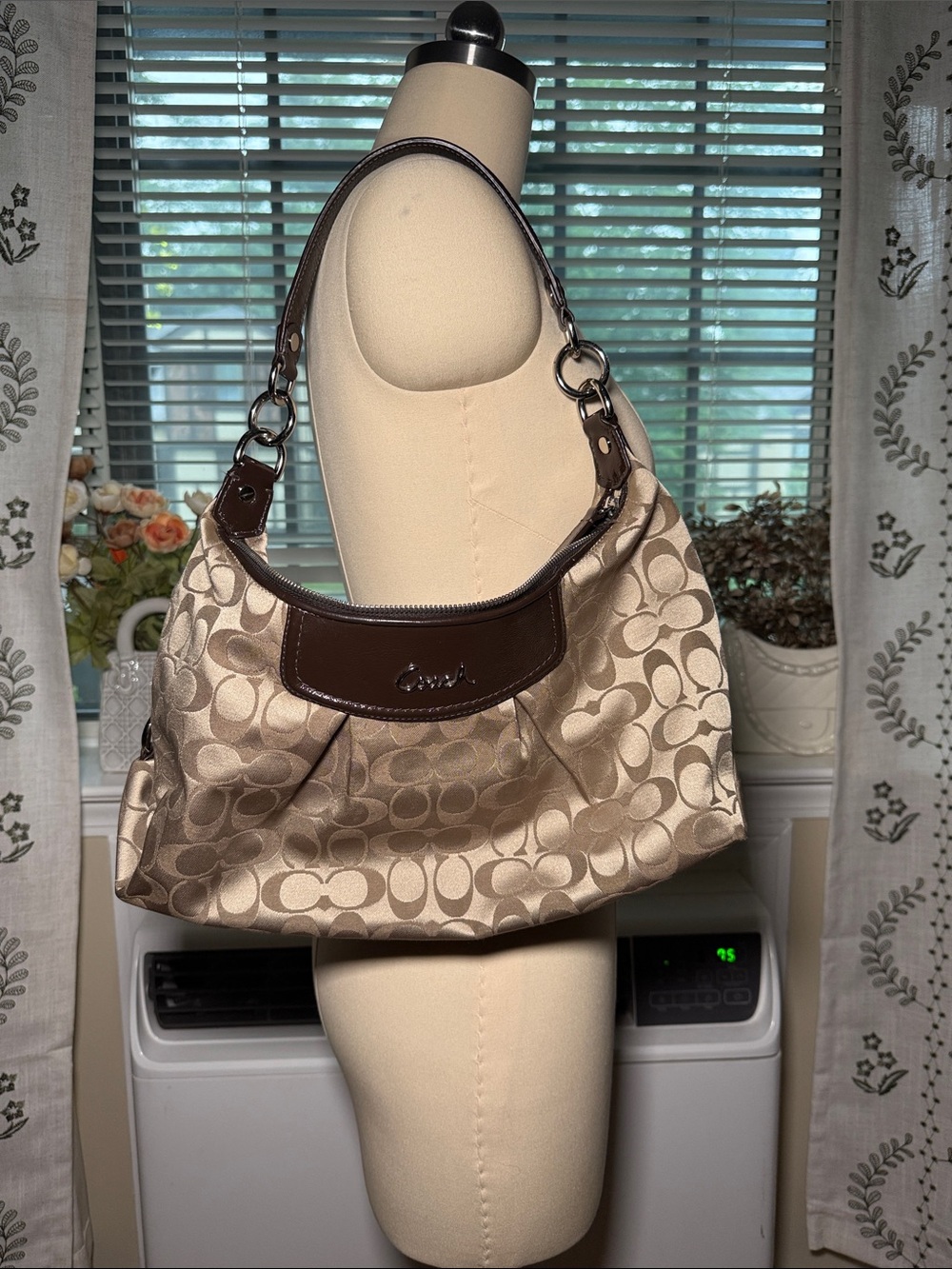 Coach Tan Signature Canvas Shoulder Bag with Dark Brown Leather Trim - Picture 6 of 8